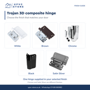 Trojan 3D composite hinge finishes: White, Brown, Chrome, Black and Satin Silver.