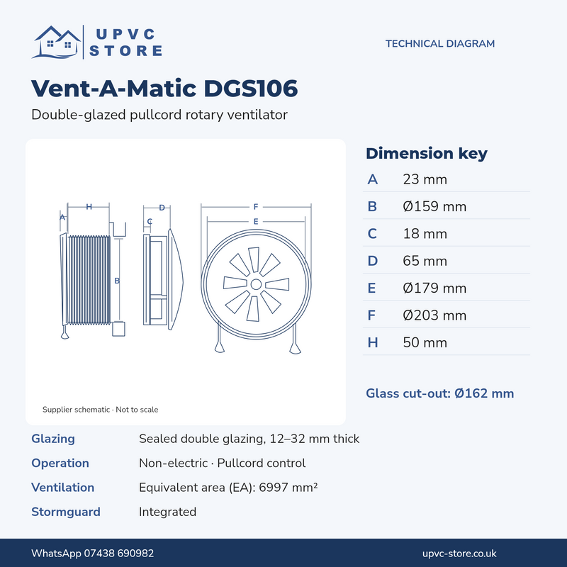 DGS 106 technical dimensions: 162mm aperture and 12–32mm double glazing
