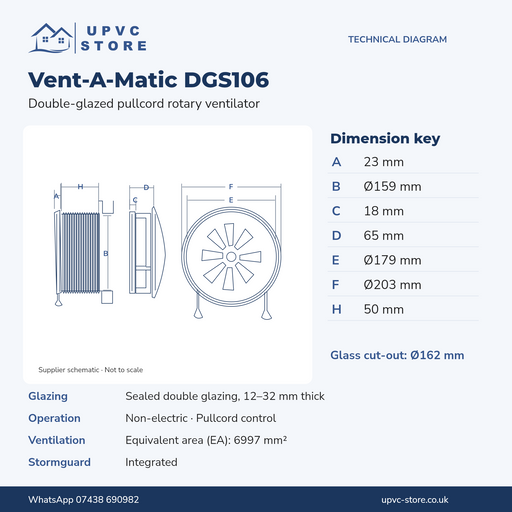 DGS 106 technical dimensions: 162mm aperture and 12–32mm double glazing