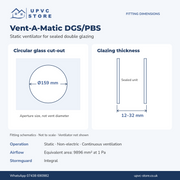 DGS/PBS technical guide: 159mm aperture, 12–32mm double glazing, equivalent area 9896mm²