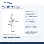 Yale G2000 measurement guide: 35mm backset, 92/62mm centres, 195 by 50mm case
