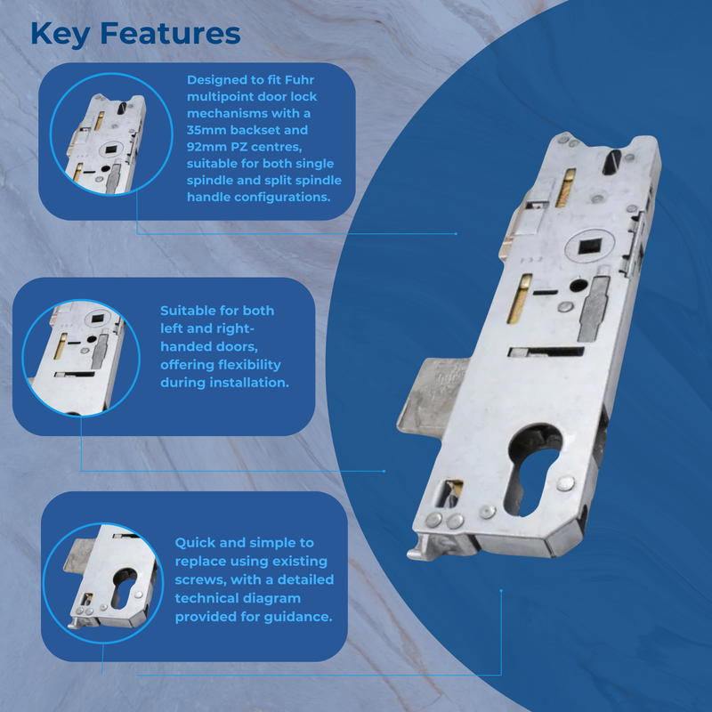 Genuine Fuhr Split Spindle uPVC Door Lock Centre Case Gear Box 35mm Backset