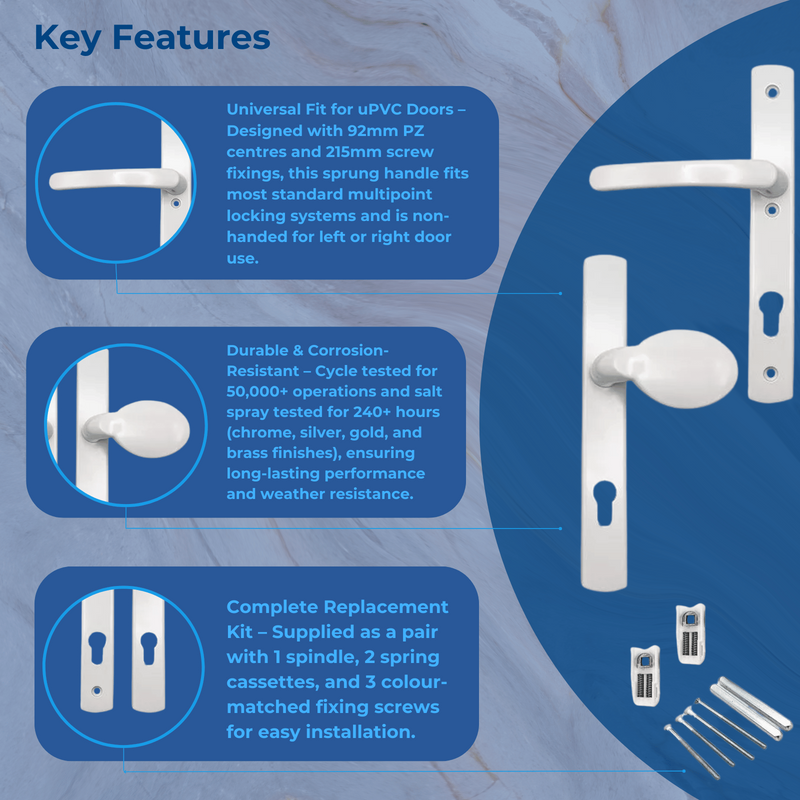 UPVC Lever Moveable Pad Multipoint Door Handles – 92mm PZ Centres – 215mm Screw Fixings – Sprung Handle with 3x Fixings – Replacement for uPVC Doors
