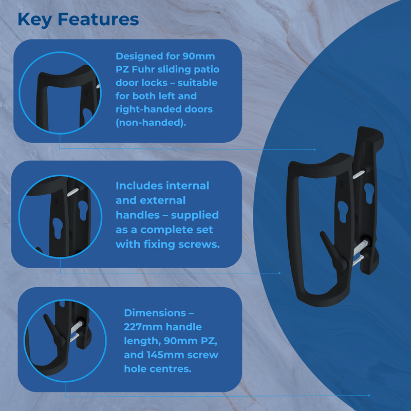 Black uPVC Fuhr Sliding Patio Door D Handle 90mm Inline Lever Pair Set
