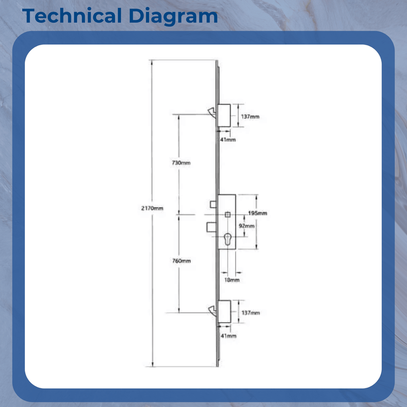 Fuhr 859 Type 4 Multipoint Door Lock with Latch, Deadbolt, and 2 Hooks – Split Spindle, 16mm Faceplate (Top Hook to Spindle: 730mm)