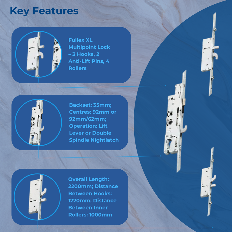 Fullex XL Latch, 3 Hooks, 2 Anti-Lift Pins, 4 Rollers - 1000mm