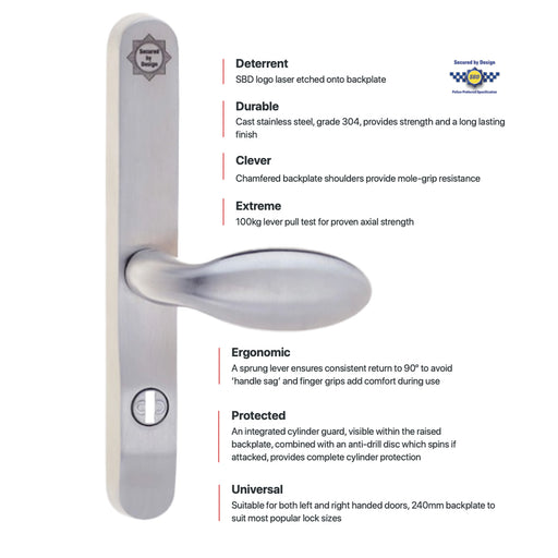 High Security UPVC Door Handle Lever Pad Offset 92mm/62mm PZ 211mm PAS24 Secure By Design 2* Kitemark  Satinless Steel