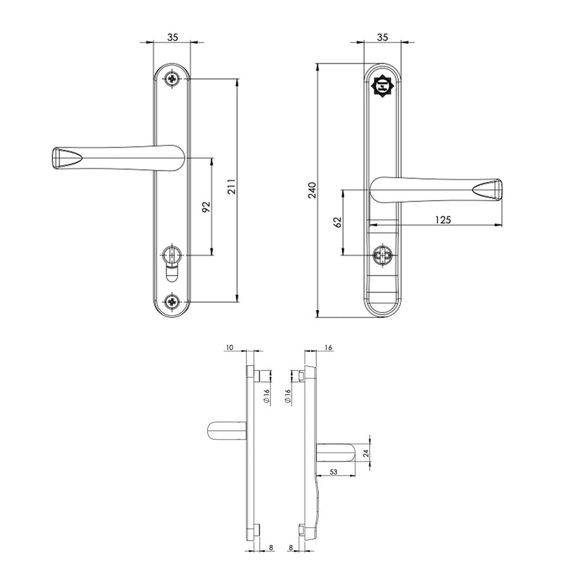 High Security UPVC Door Handle Lever Pad Offset 92mm/62mm PZ 211mm PAS24 Secure By Design 2* Kitemark  Satinless Steel