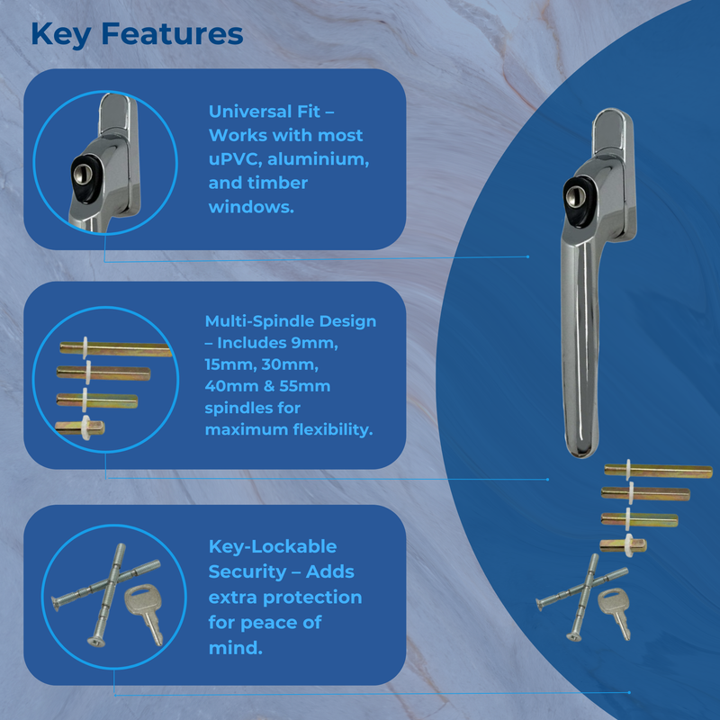 UPVCSTORE Inline Multi-Spindle uPVC Window Handle (Key-Lockable) – Replacement Espag Handle for Double Glazing Windows