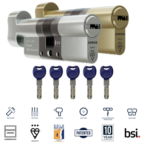 APECS AP 3* Star Euro Cylinder Thumb Turn Door Lock uPVC Aluminium Timber Door Barrel 6 Pin 5 Keys