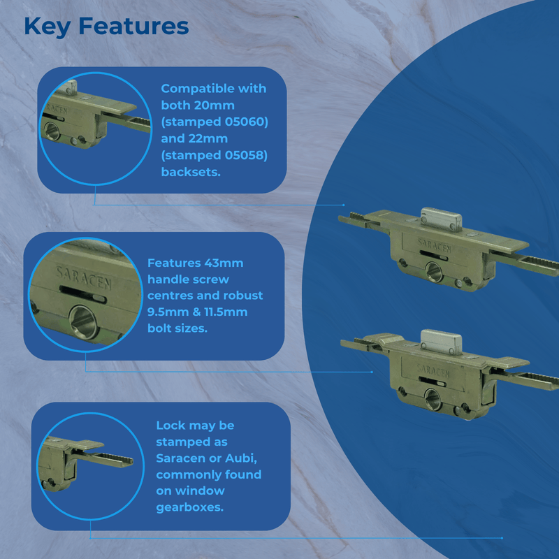 Saracen Window Lock FM Aubi Upvc Shoot bolt Gearbox Lock 20 & 22mm Backset