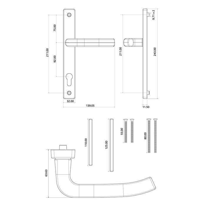 UPVC Door Handle Sprung Modern Architectural 92mm 92PZ 211mm Screw Centres Double Glazing PVC Pair