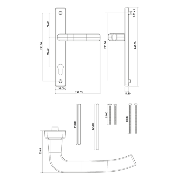 UPVC Door Handle Sprung Modern Architectural 92mm 92PZ 211mm Screw Centres Double Glazing PVC Pair