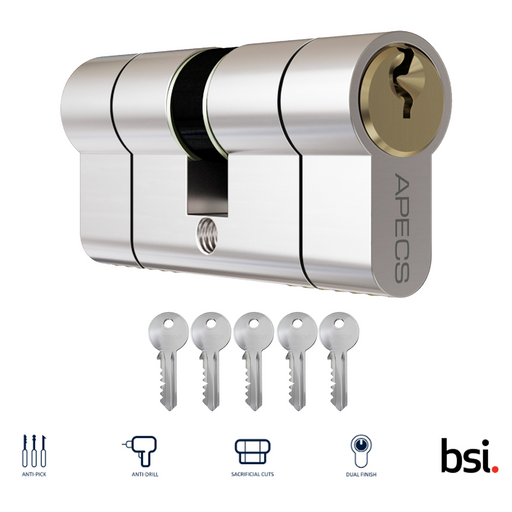 APECS Standard Euro Nickel Brass Cylinder Door Lock uPVC Aluminium Timber Door Barrel 6 Pin 5 Keys