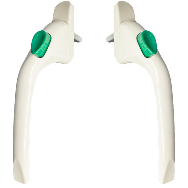 White With Green Button Cranked 40mm Spindle UPVC Window Handle Espag None Lock Left or Right