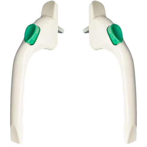 White With Green Button Cranked 40mm Spindle UPVC Window Handle Espag None Lock Left or Right