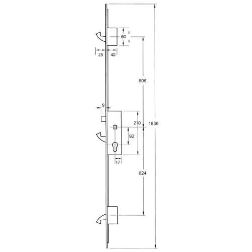 Yale YS170 Latch and 3 Hooks, Square 45mm Backset 20mm x 1836mm faceplate