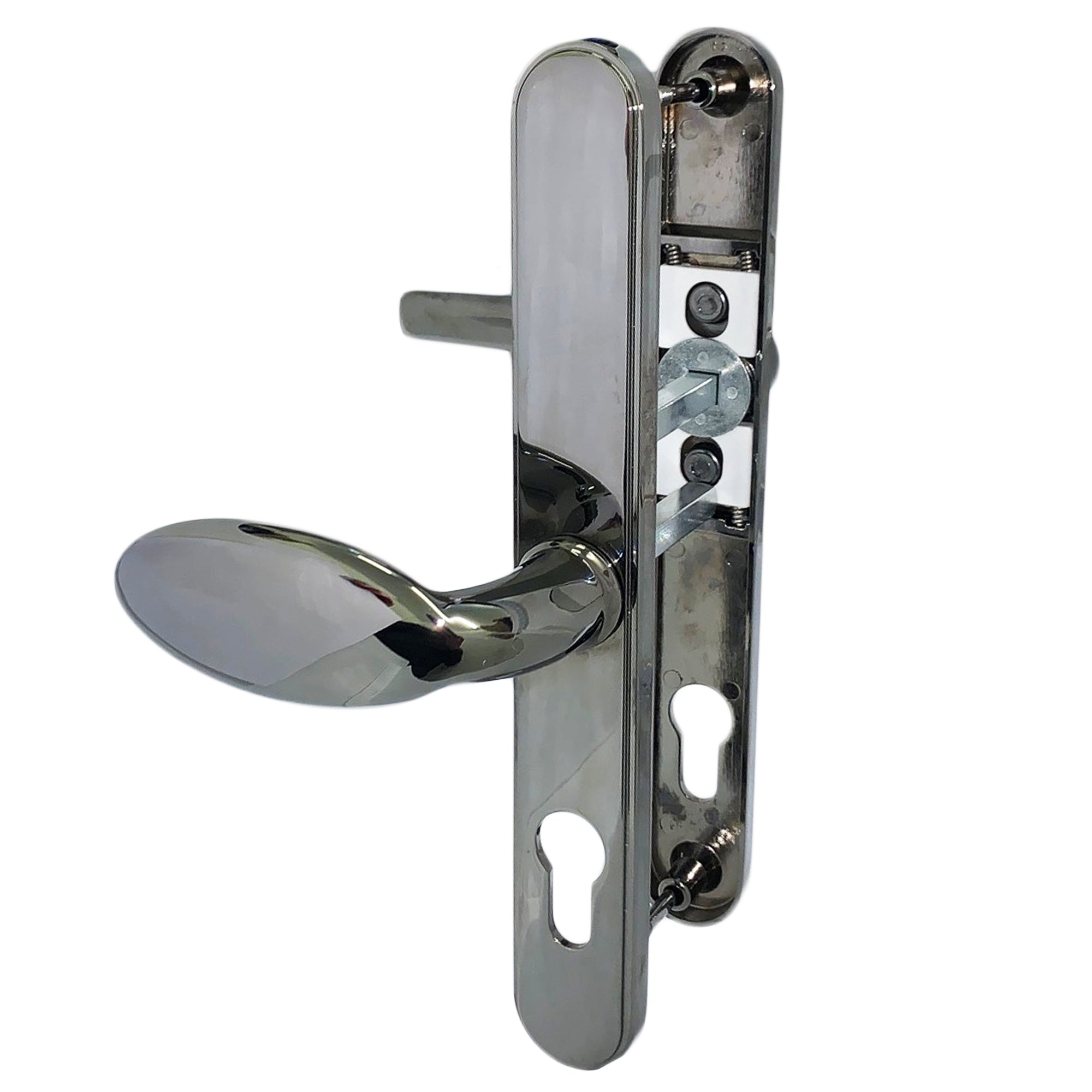 Smokey Chrome Sprung Lever Pad Offset Door Handles 92 & 62mm PZ - 210mm screws uPVC Set