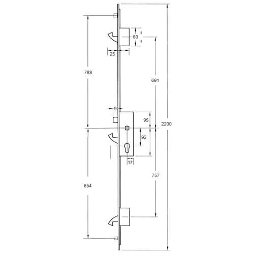 Yale YS170 Latch, 3 Hooks and 2 Rollers, Square 16mm x 2200mm faceplate