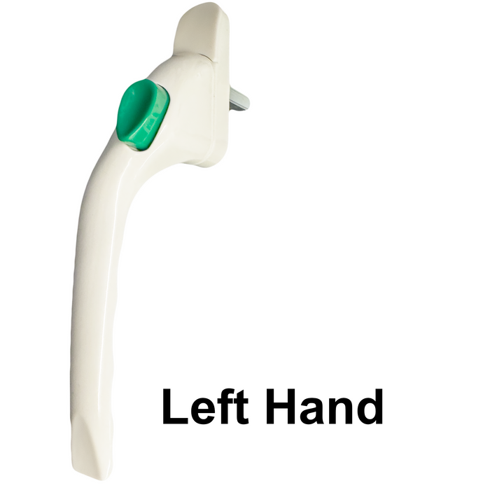 White With Green Button Cranked 40mm Spindle UPVC Window Handle Espag None Lock Left or Right