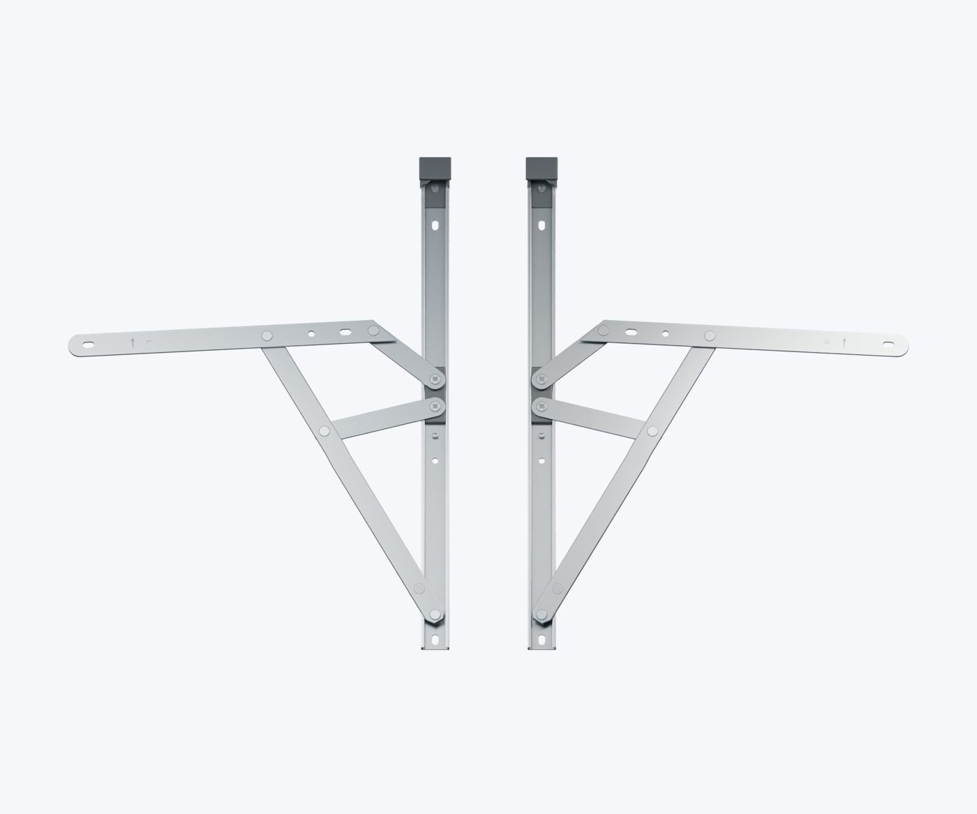 A left-hand and right-hand window friction hinge lying open side by side, black end caps at the top, arms opened outwards in opposite directions.